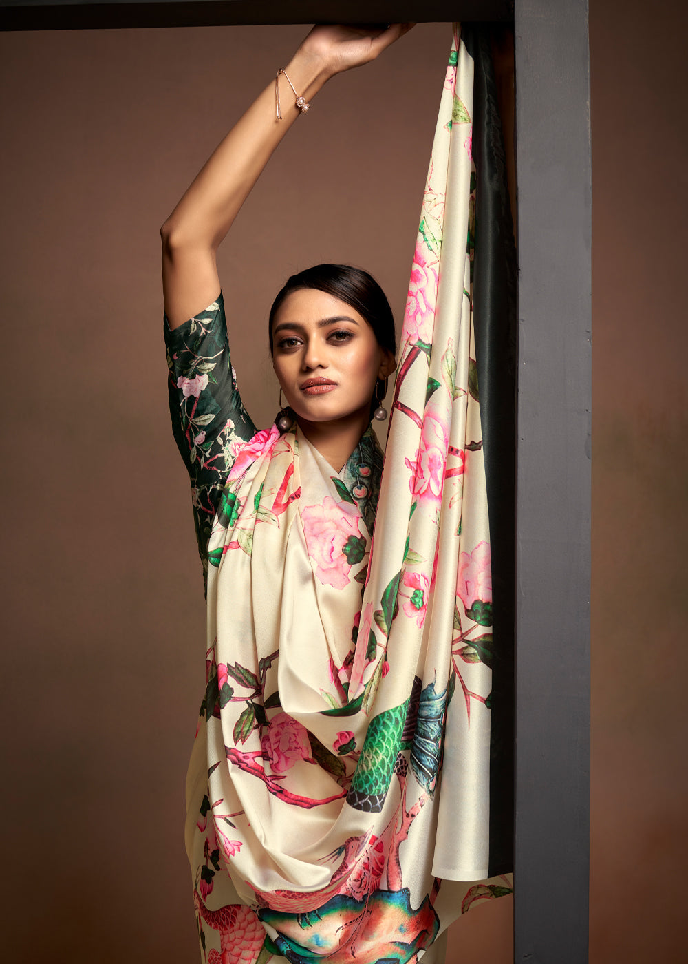 Buy MySilkLove Negroni Cream Printed Satin Silk Saree Online