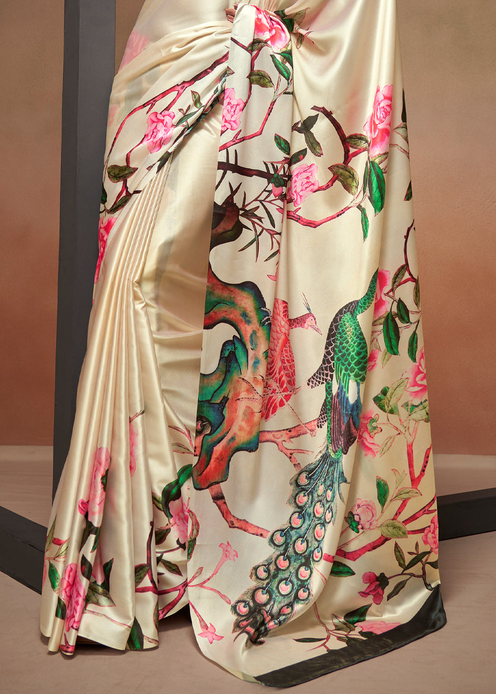 Buy MySilkLove Negroni Cream Printed Satin Silk Saree Online