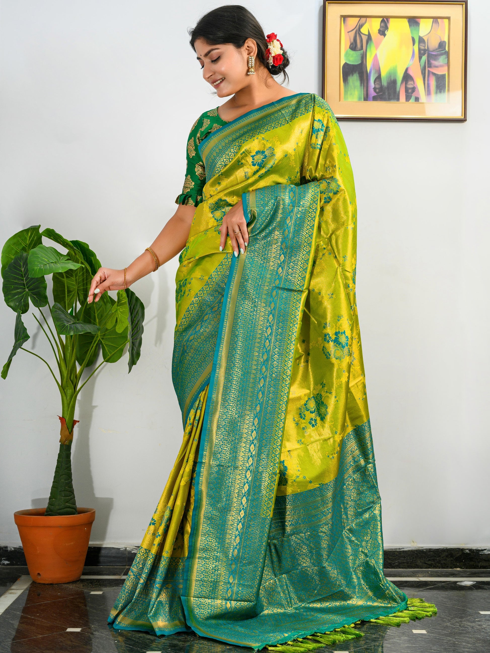 Buy MySilkLove Goldish Sprout Green Woven Kanjivaram Silk Saree Online