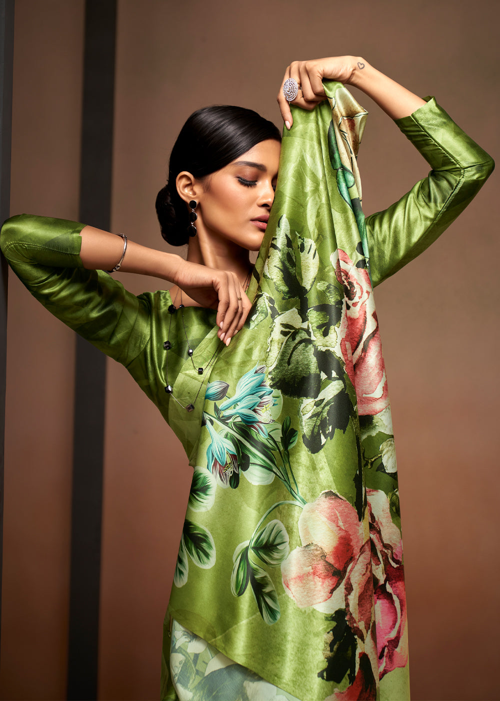 Buy MySilkLove Mantis Green Printed Satin Silk Saree Online