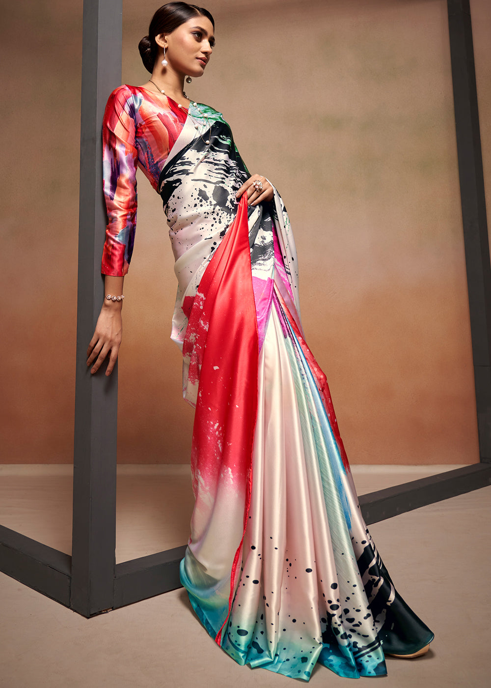 MySilkLove Multicolor Pink Printed Satin Silk Saree