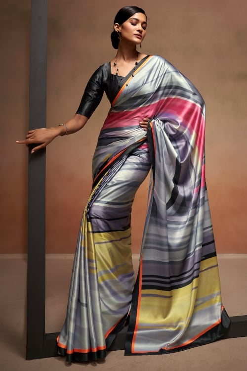 Buy MySilkLove Santas Grey Printed Satin Silk Saree Online