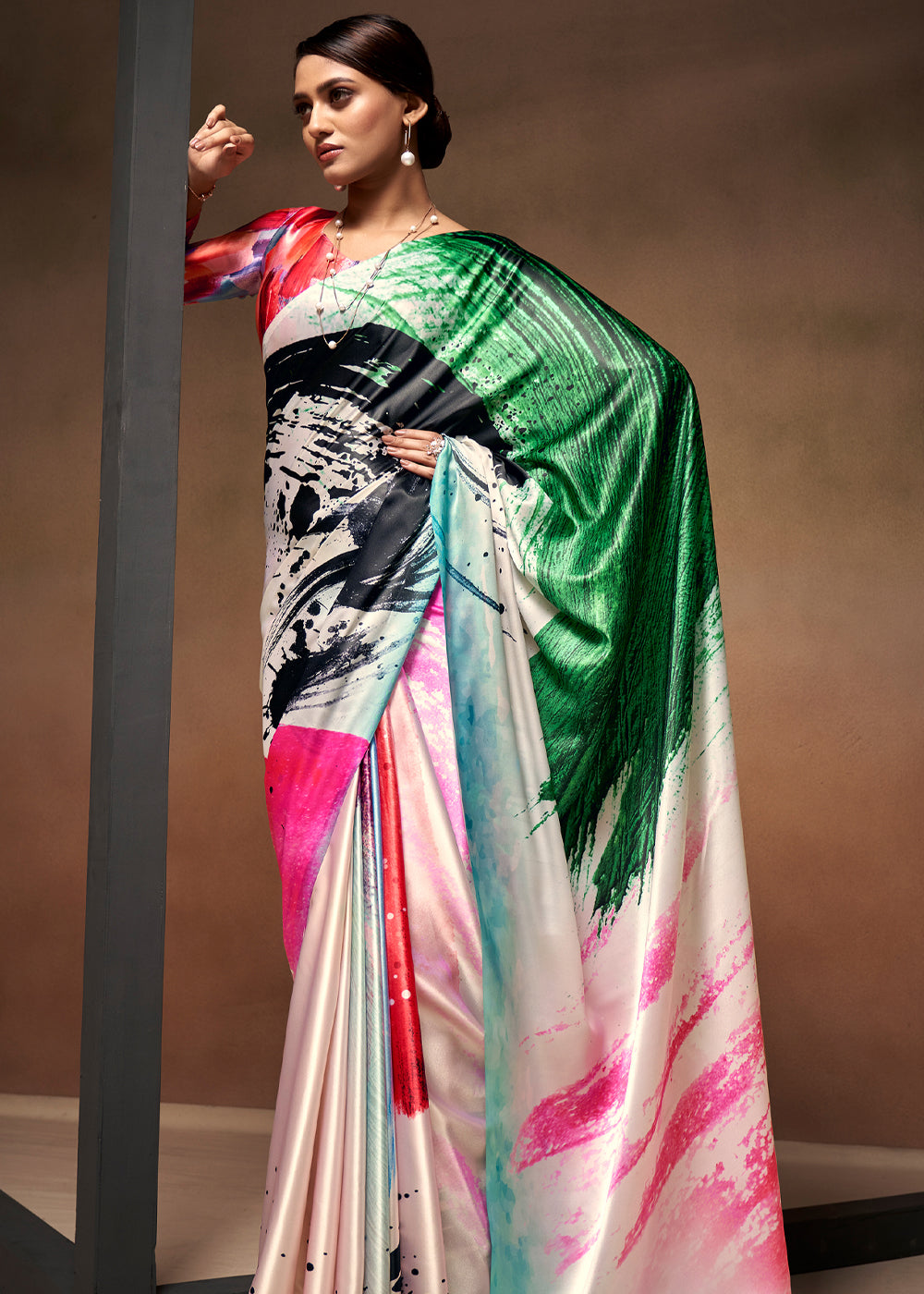 Buy MySilkLove Multicolor Pink Printed Satin Silk Saree Online