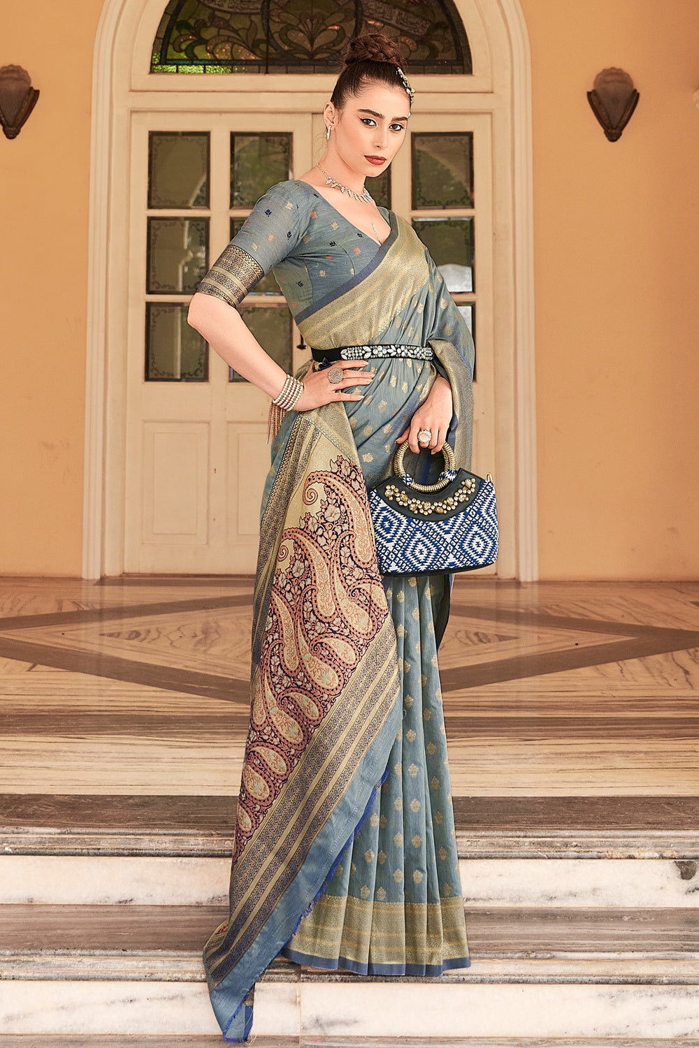 Buy MySilkLove Pewter Grey Woven Cotton Saree Online