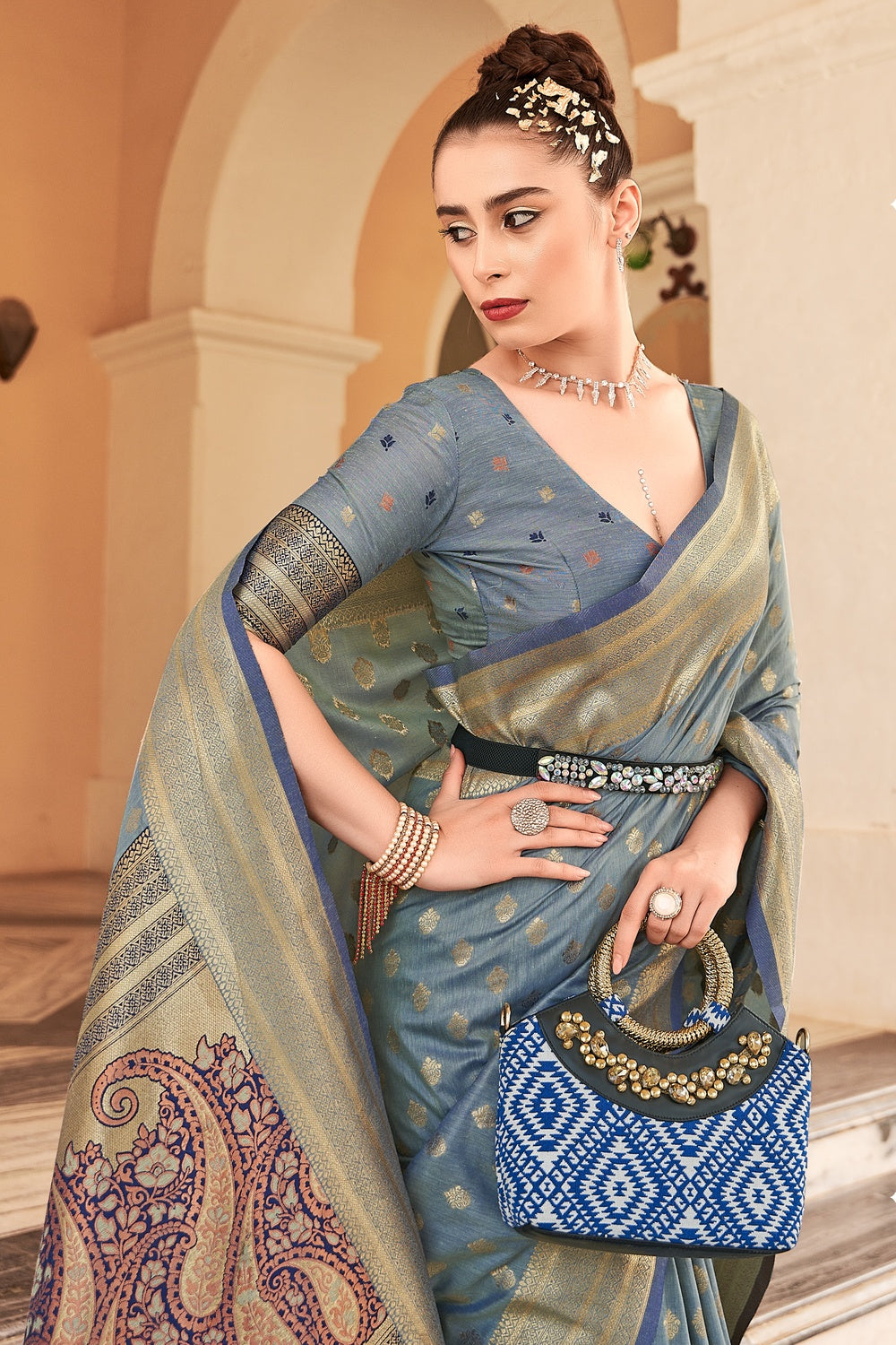 Buy MySilkLove Pewter Grey Woven Cotton Saree Online