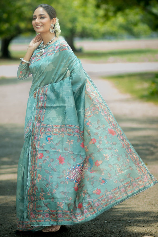 Patina Blue Tussar Silk Kalamkari Printed Saree