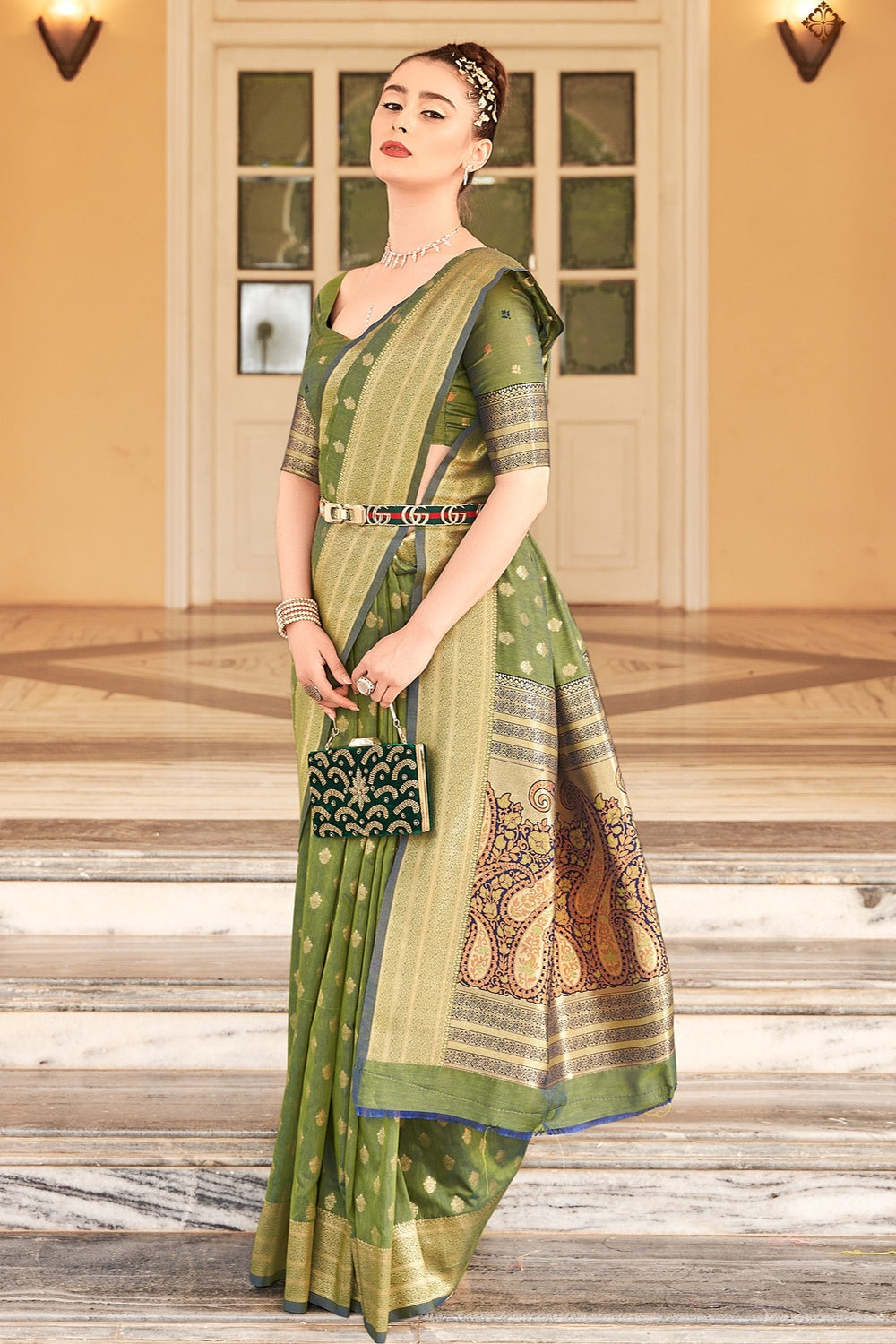 Buy MySilkLove Mindaro Green Woven Cotton Saree Online