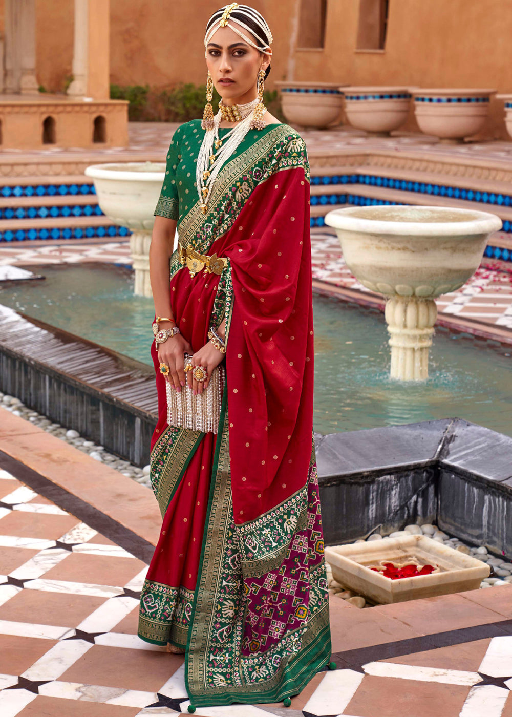 Buy MySilkLove Cherry Red and Green Woven Patola Silk Saree Online