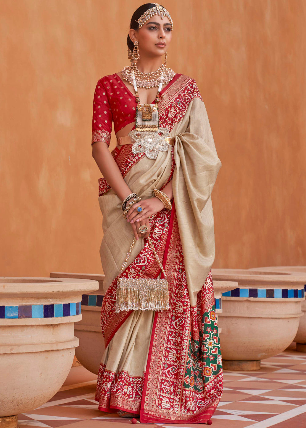 Buy MySilkLove Rodeo Dust Cream and Red Woven Patola Silk Saree Online