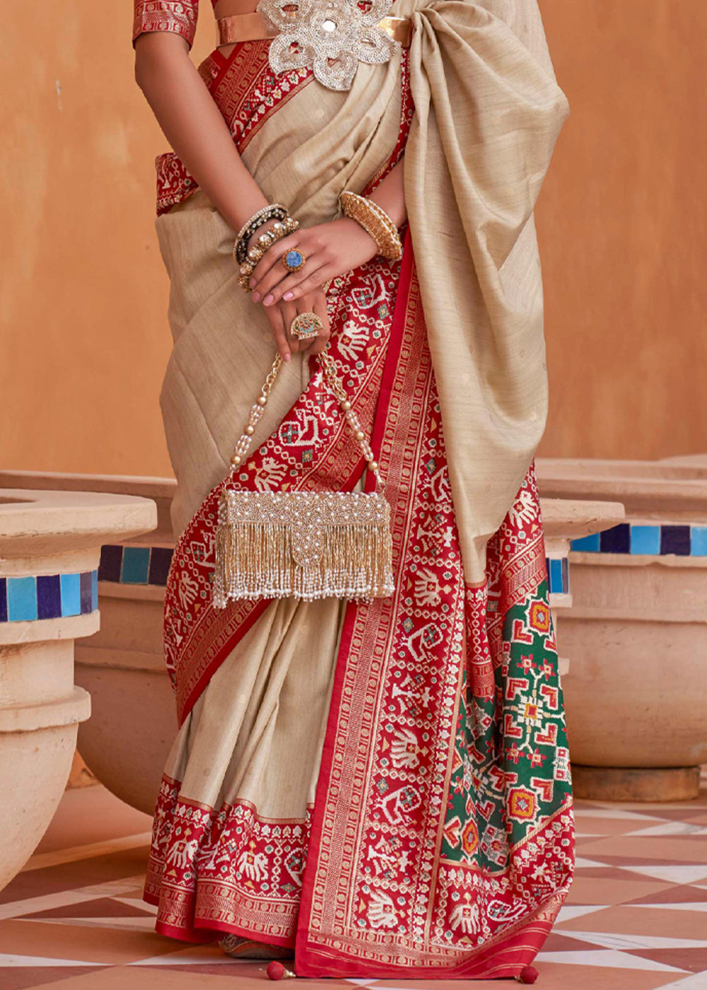 Buy MySilkLove Rodeo Dust Cream and Red Woven Patola Silk Saree Online