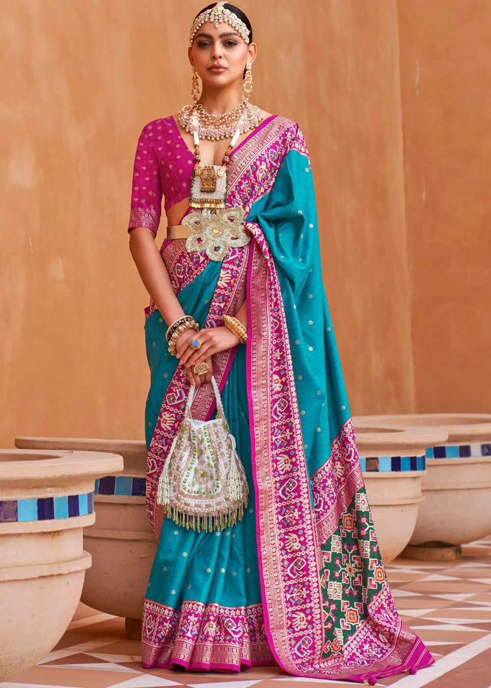 Buy MySilkLove Orient Blue and Pink Woven Patola Silk Saree Online