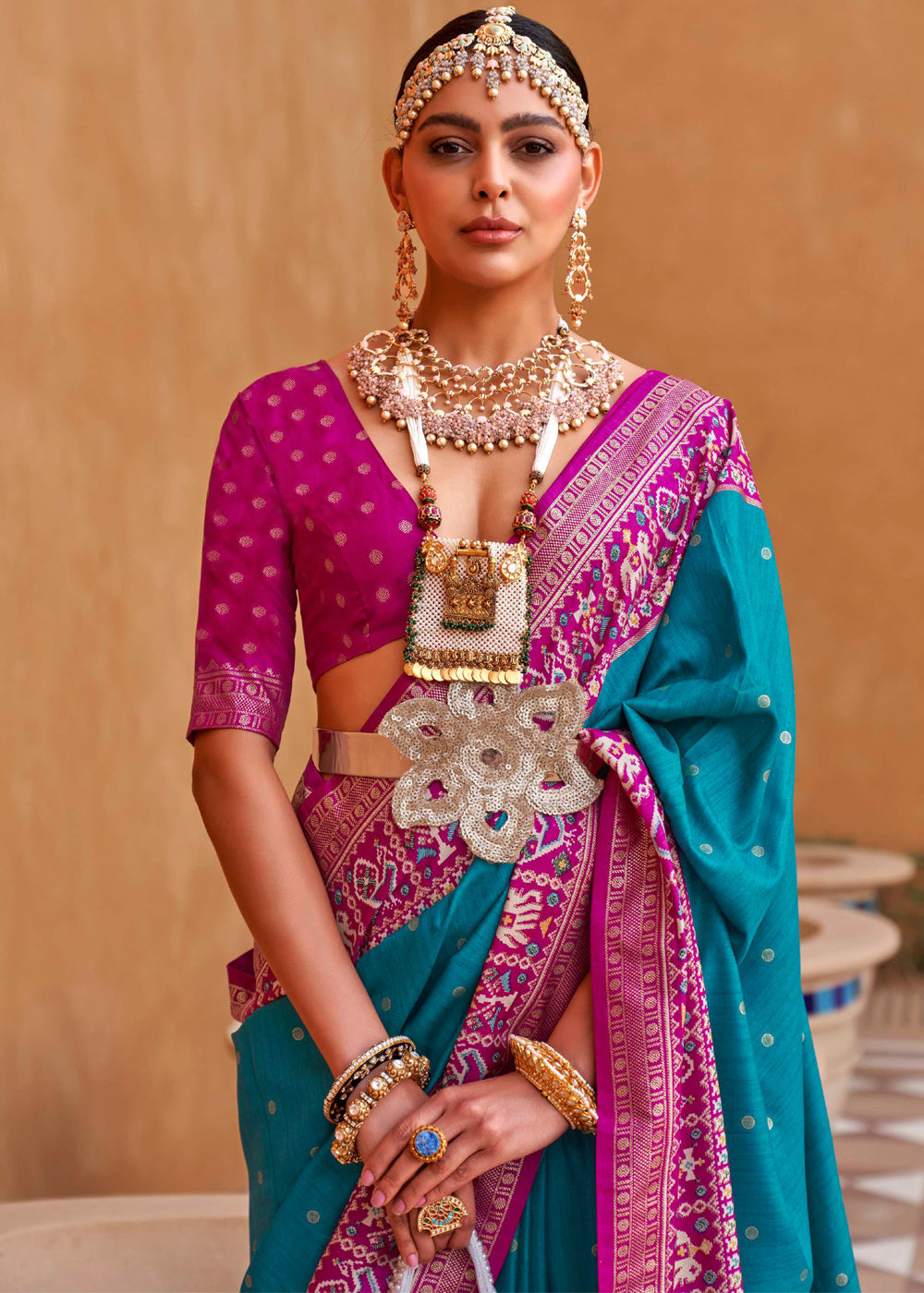 MySilkLove Orient Blue and Pink Woven Patola Silk Saree