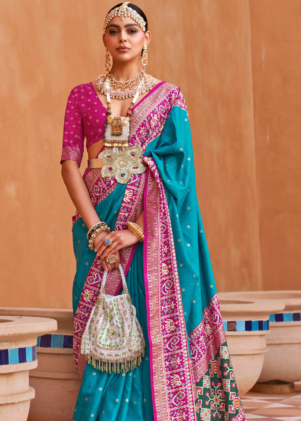 Buy MySilkLove Orient Blue and Pink Woven Patola Silk Saree Online