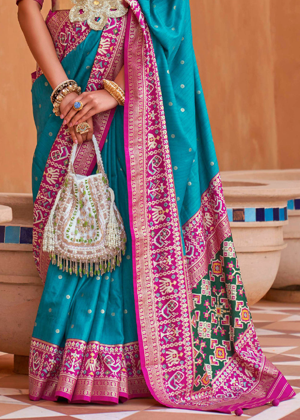 Buy MySilkLove Orient Blue and Pink Woven Patola Silk Saree Online