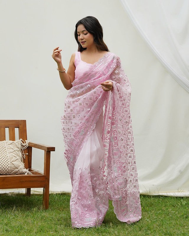 Buy MySilkLove Lily Pink Designer Organza saree with Sequence Work Online