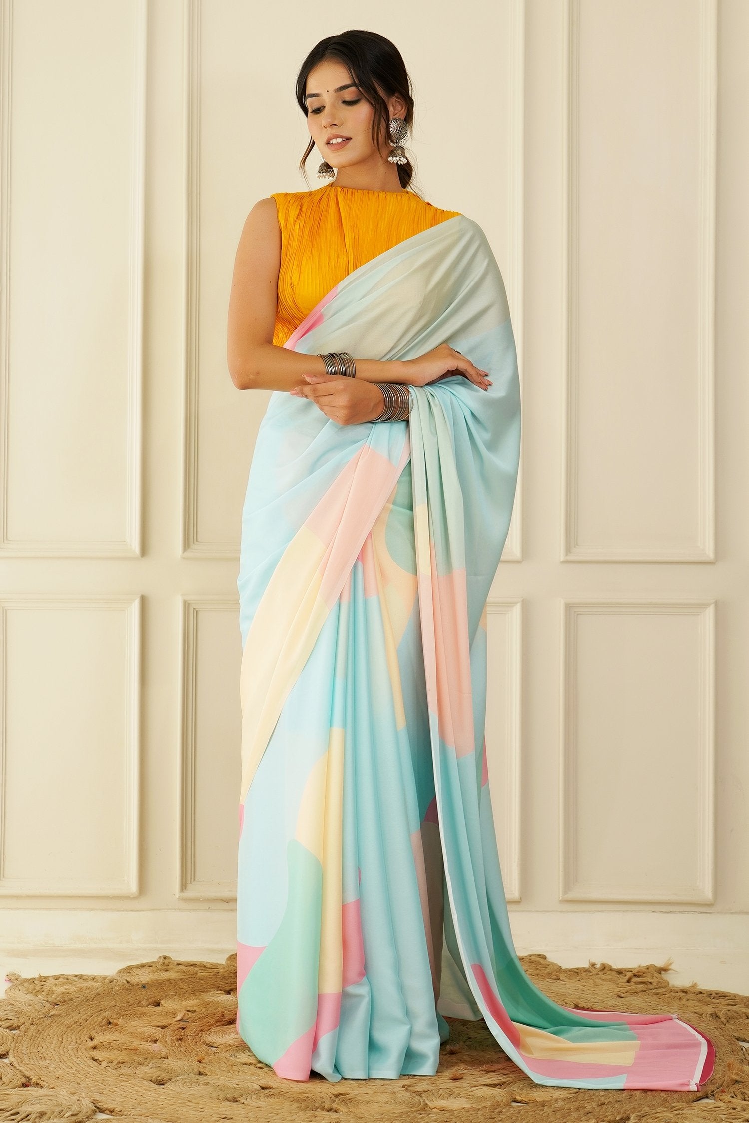 Buy MySilkLove Paris Blue and Pink Crepe Silk Georgette Saree Online