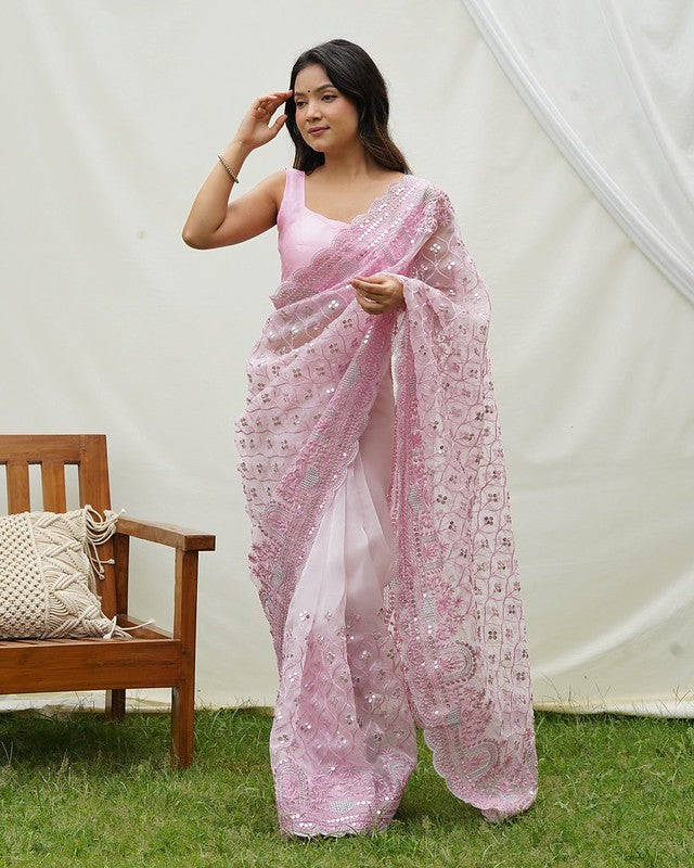 Buy MySilkLove Lily Pink Designer Organza saree with Sequence Work Online