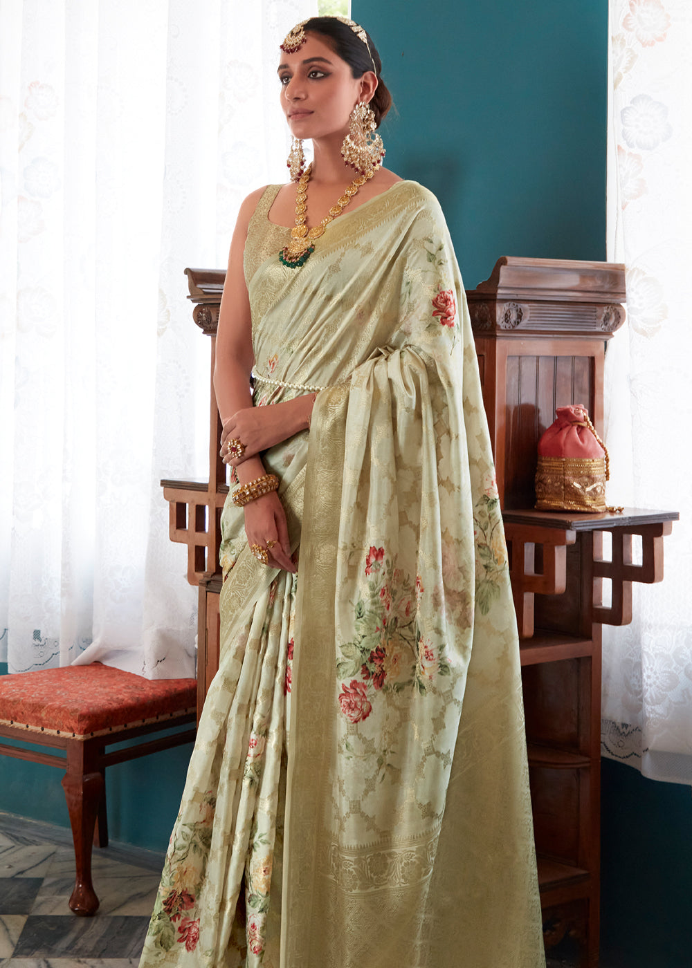 Buy MySilkLove Green Smoke Woven Banarasi Floral Printed Silk Saree Online