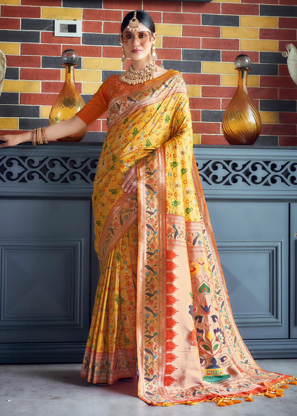 Buy MySilkLove Marigold Yellow Woven Paithani Patola Silk Saree Online