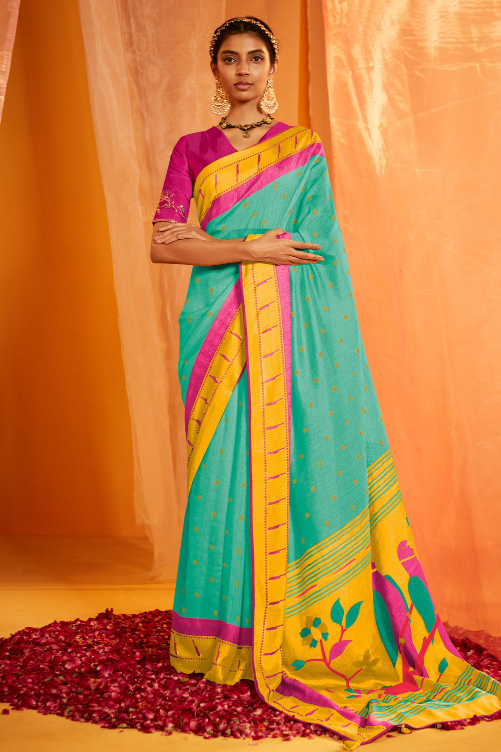 Buy MySilkLove Ocean Green Pearl Woven Paithani Silk Saree Online