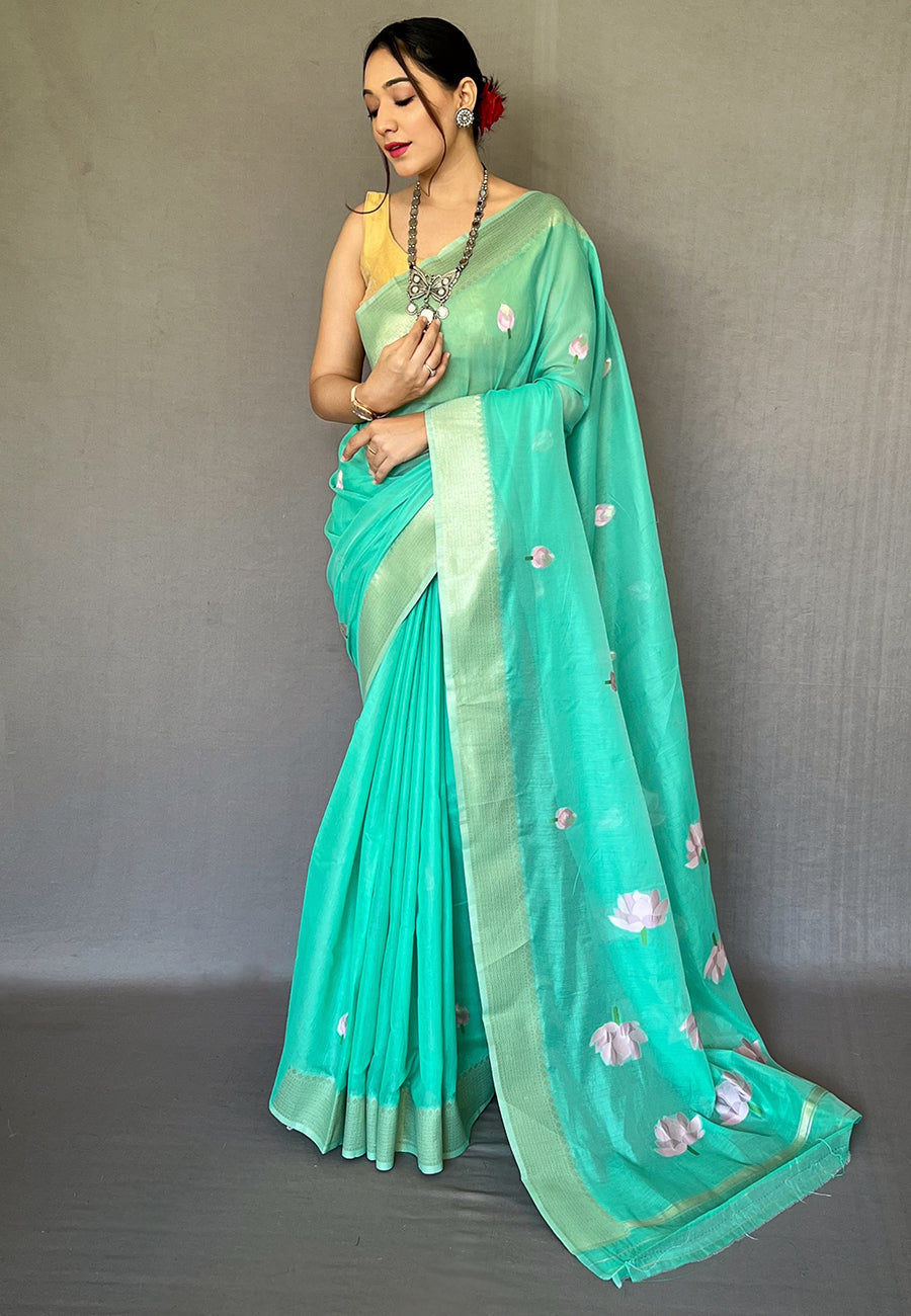 Buy MySilkLove Aquamarine Blue Cotton Lotus Woven Silk Saree Online