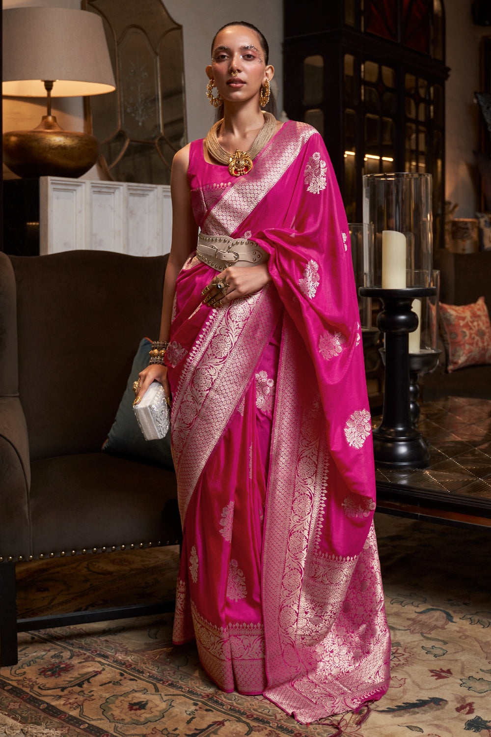 Buy MySilkLove Cerise Pink Woven Georgette Silk Saree Online