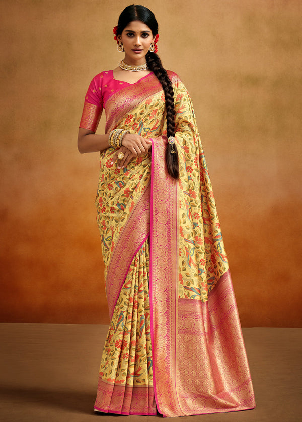 Wild Yellow And Pink Woven Banarasi Kalamkari Silk Saree