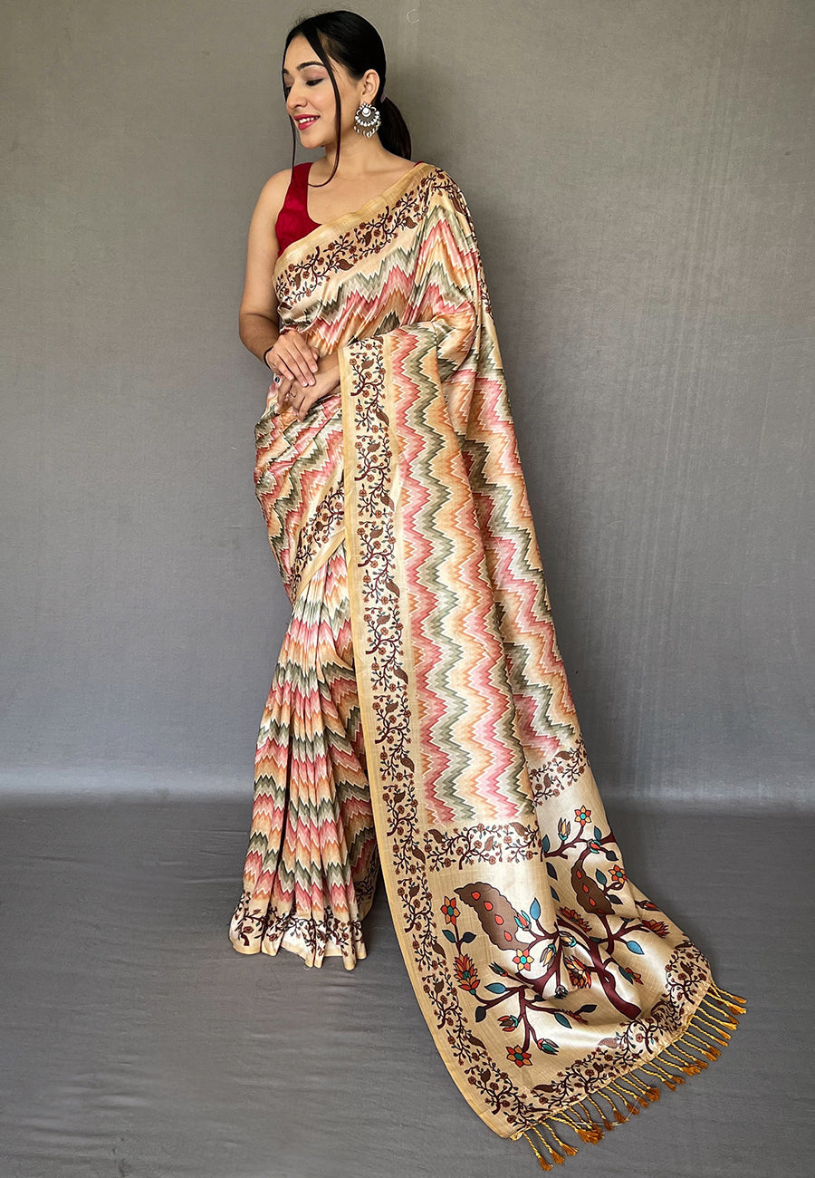 Buy MySilkLove Cashmere Peach Multicolor Ikat Printed Saree Online