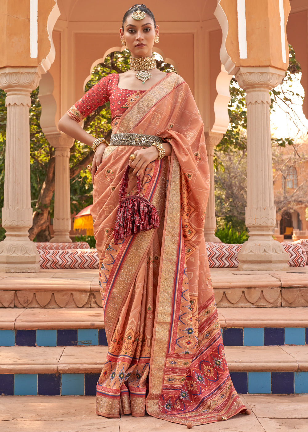 Buy MySilkLove Tacao Peach Printed Patola Silk Saree Online