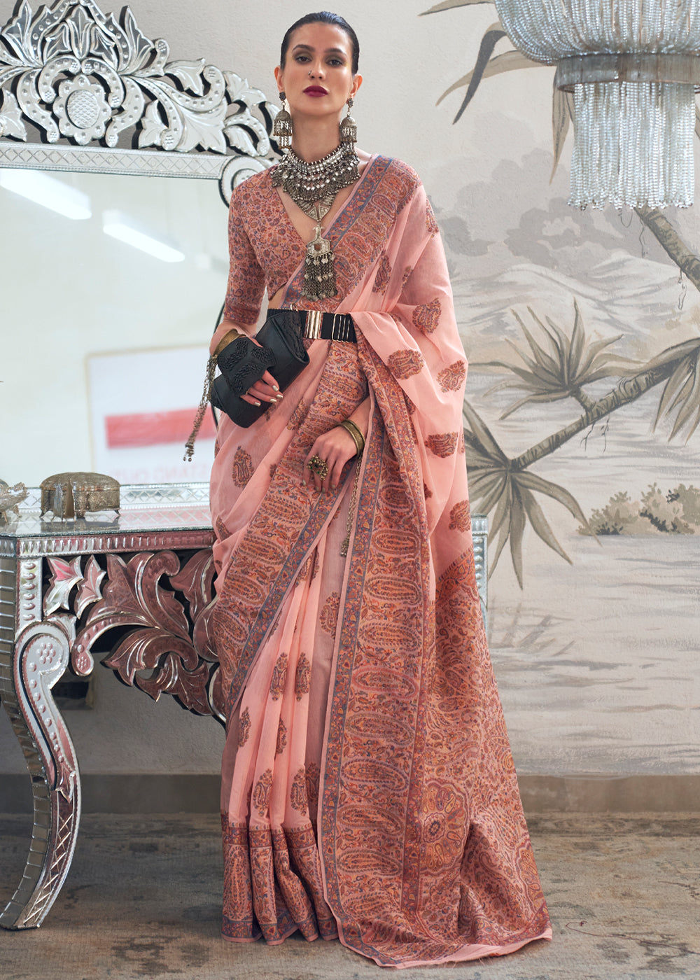 Buy MySilkLove Puce Pink Woven Handloom Pure Kashmiri Jamawar Saree Online
