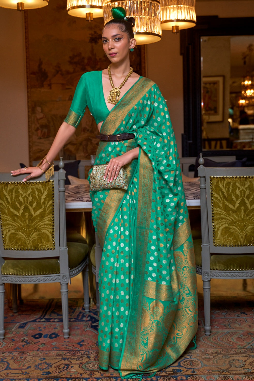 Buy MySilkLove Jungle Green Copper Zari Pure  Banarasi Saree Online