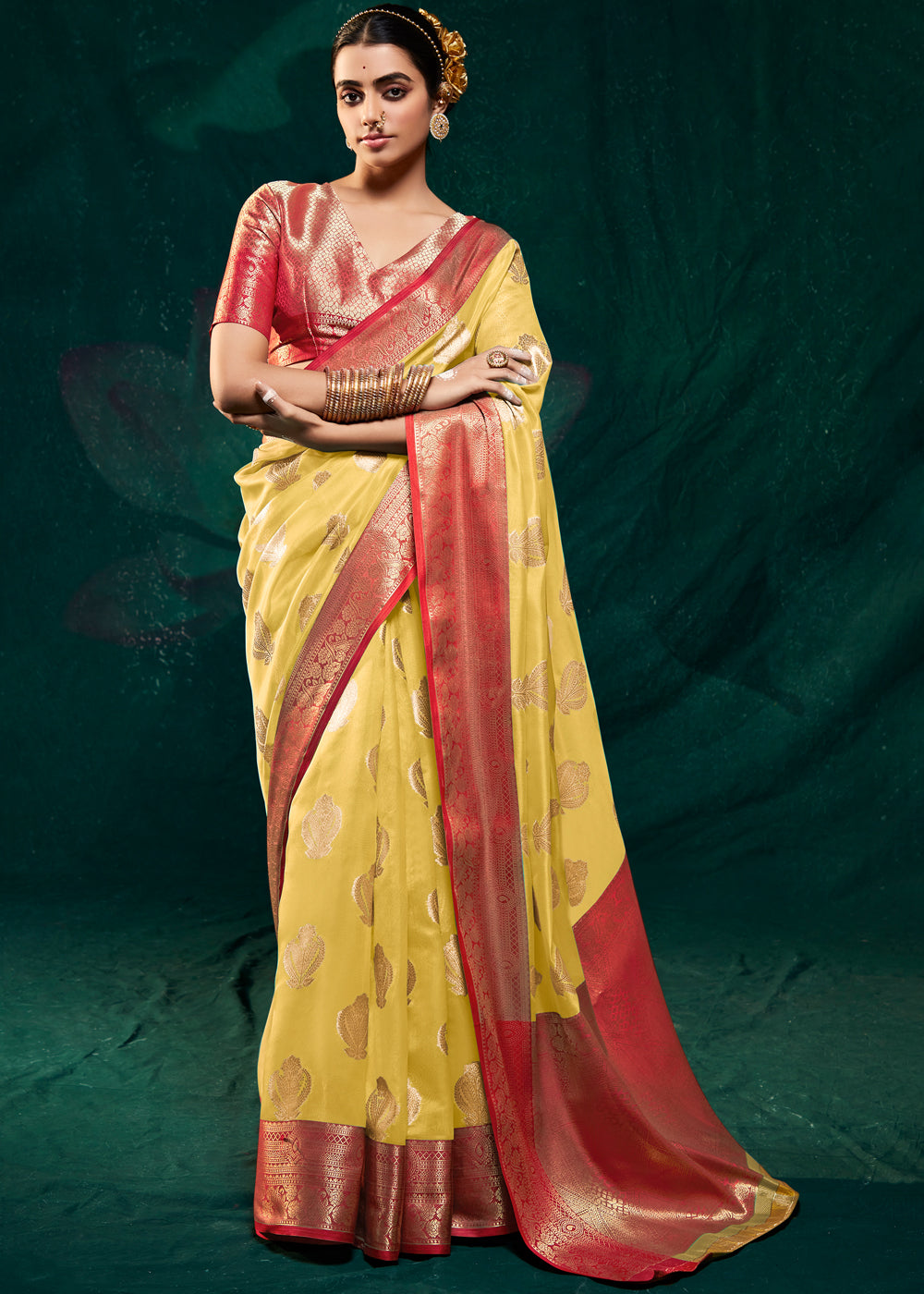 Buy MySilkLove Equator Yellow Woven Banarasi Organza Silk Saree Online