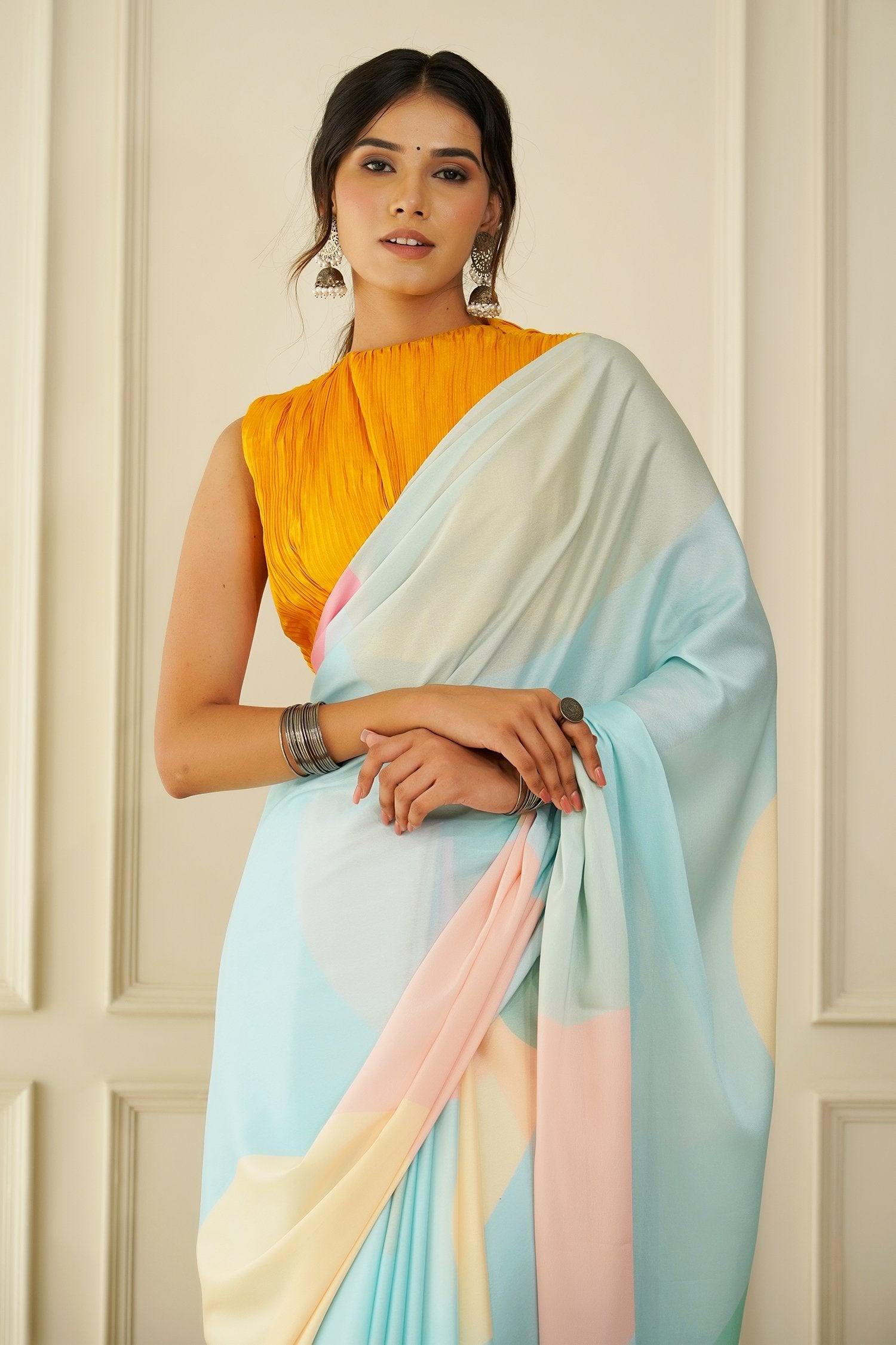 MySilkLove Paris Blue and Pink Crepe Silk Georgette Saree