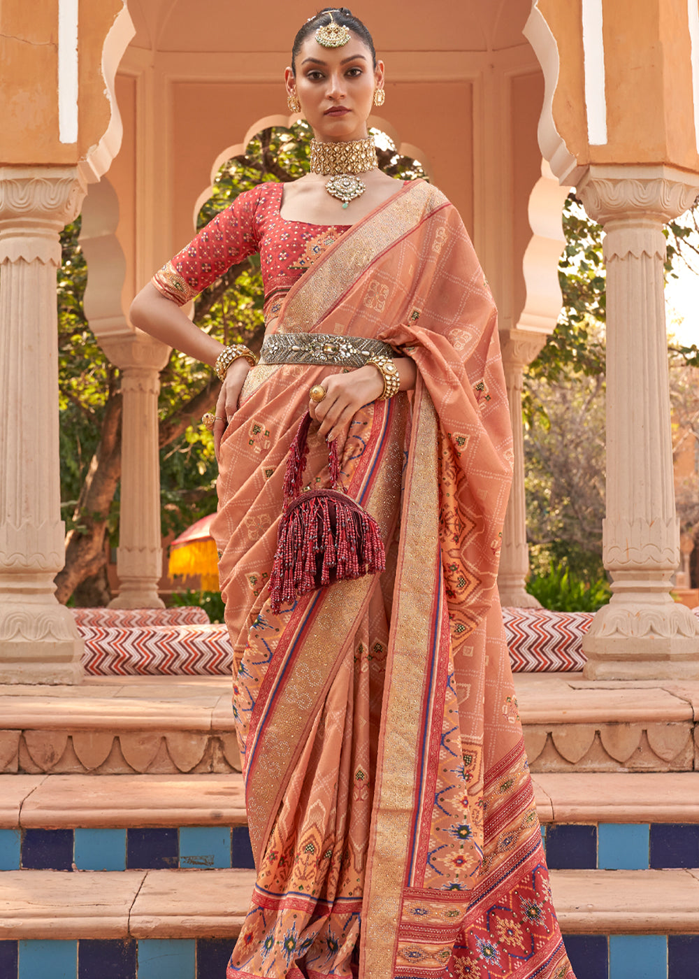 Buy MySilkLove Tacao Peach Printed Patola Silk Saree Online