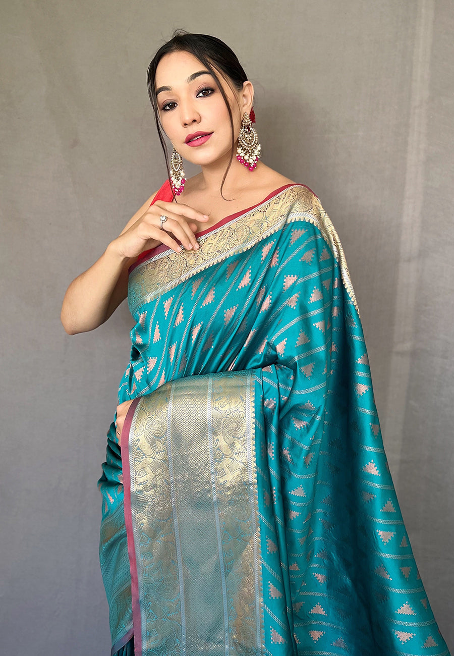 Buy MySilkLove Keppel Blue Banarasi Silk Leheriya Copper Zari Woven Saree Online