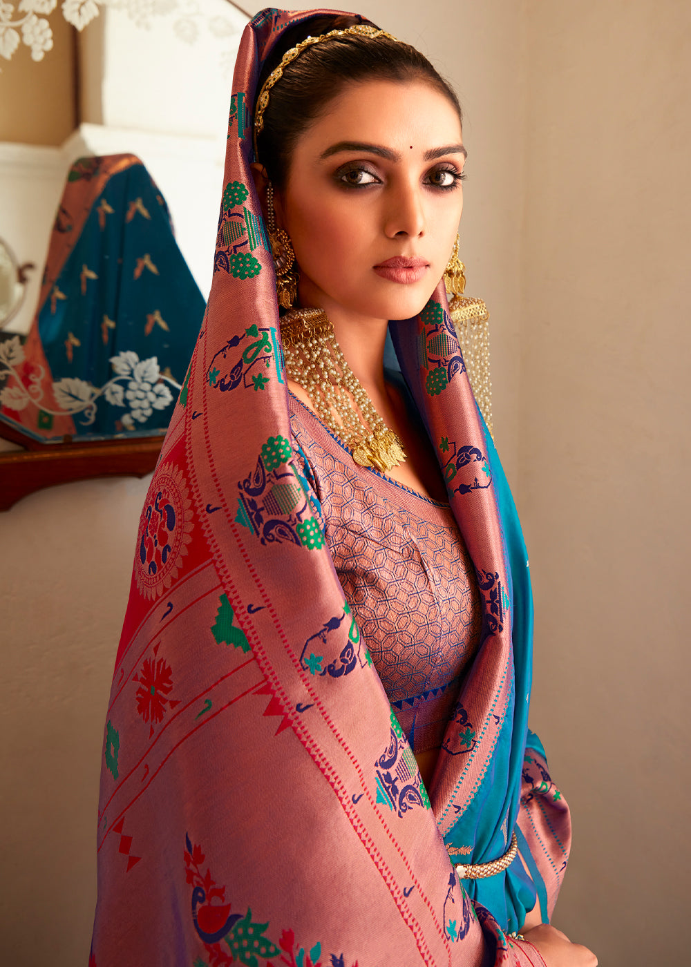 Buy MySilkLove Regal Blue and Pink Zari Woven Paithani Silk Saree Online