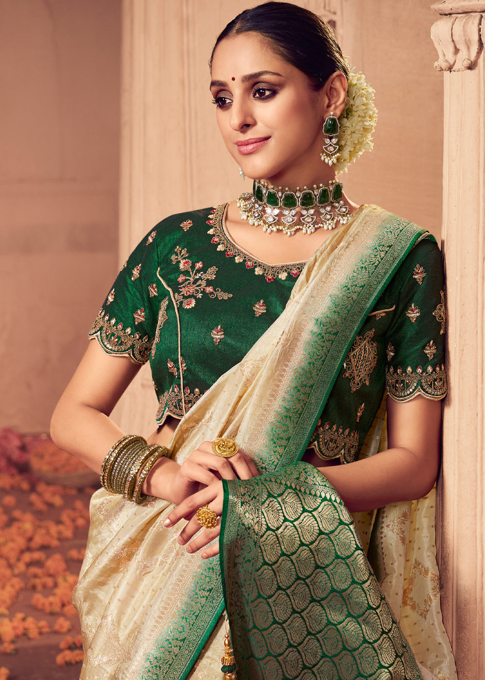 Buy MySilkLove Chamois Cream and Green Zari Woven Designer Banarasi Saree Online