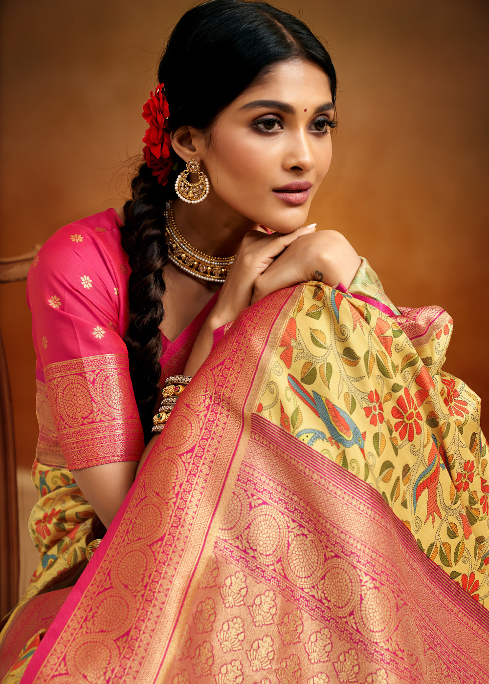 Buy MySilkLove Wild Yellow And Pink Woven Banarasi Kalamkari Silk Saree Online