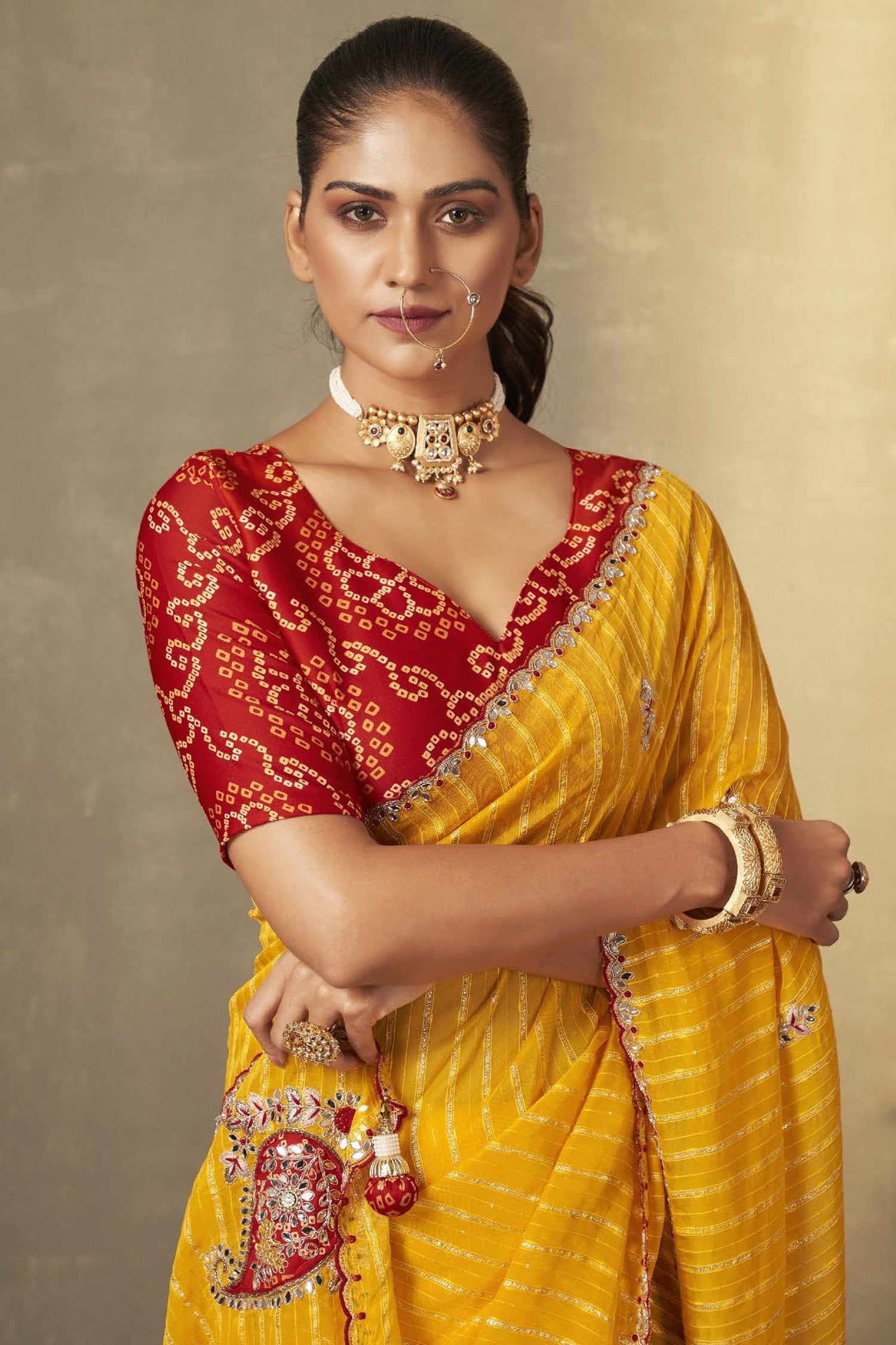 Buy MySilkLove Fuel Yellow and Red Embroidered South Silk Saree with Designer Blouse Online