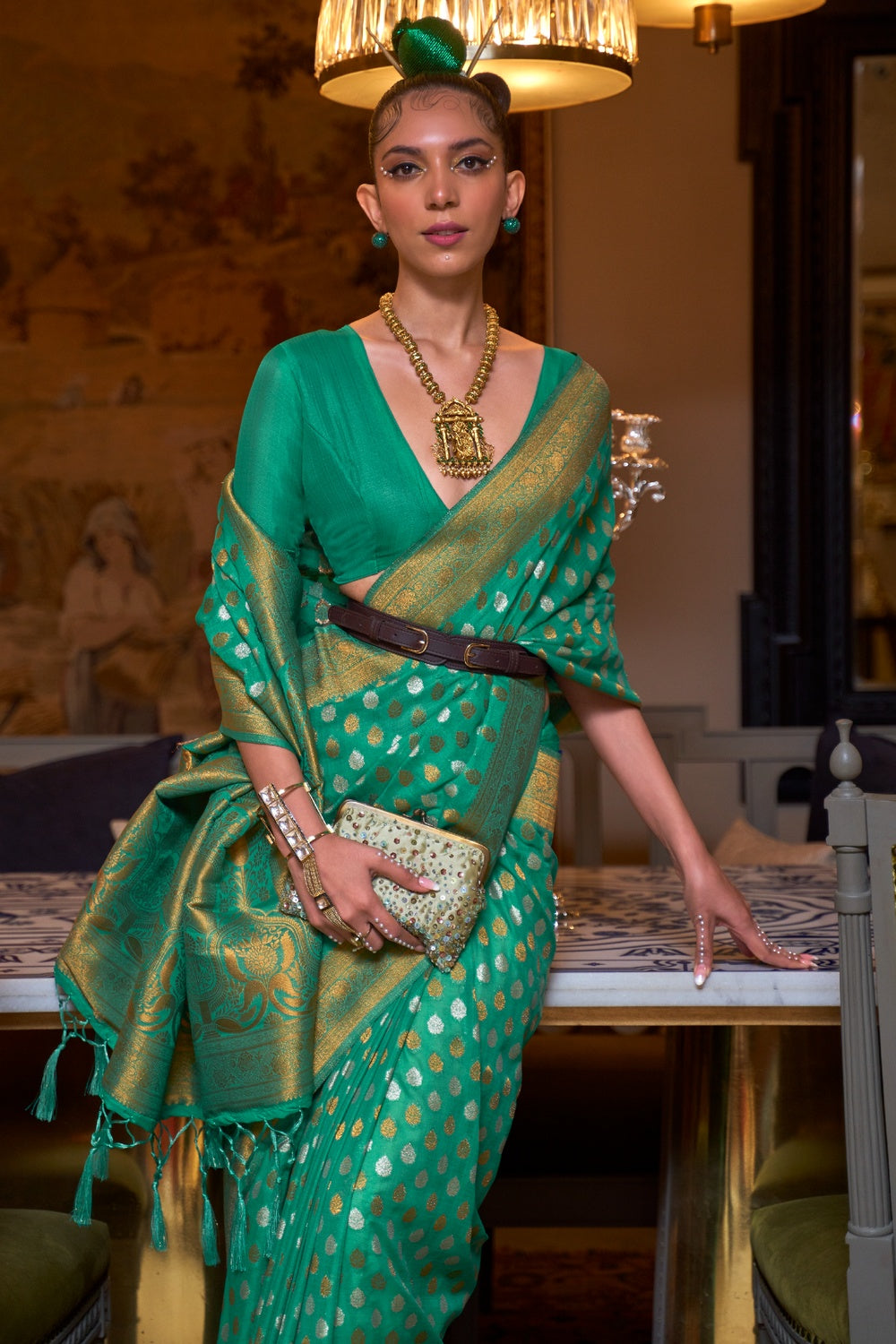 Buy MySilkLove Jungle Green Copper Zari Pure Khadi Banarasi Saree Online