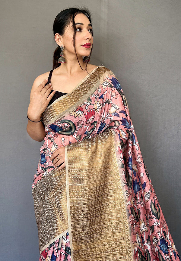Petite Pink Zari Woven Cotton Kalamkari Digital Printed Saree