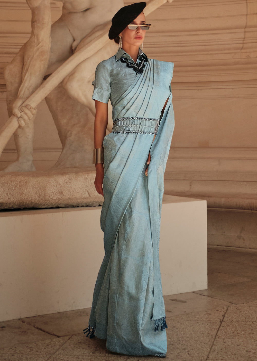 Buy MySilkLove Lynch Blue Woven Kanjivaram Satin Silk Saree Online