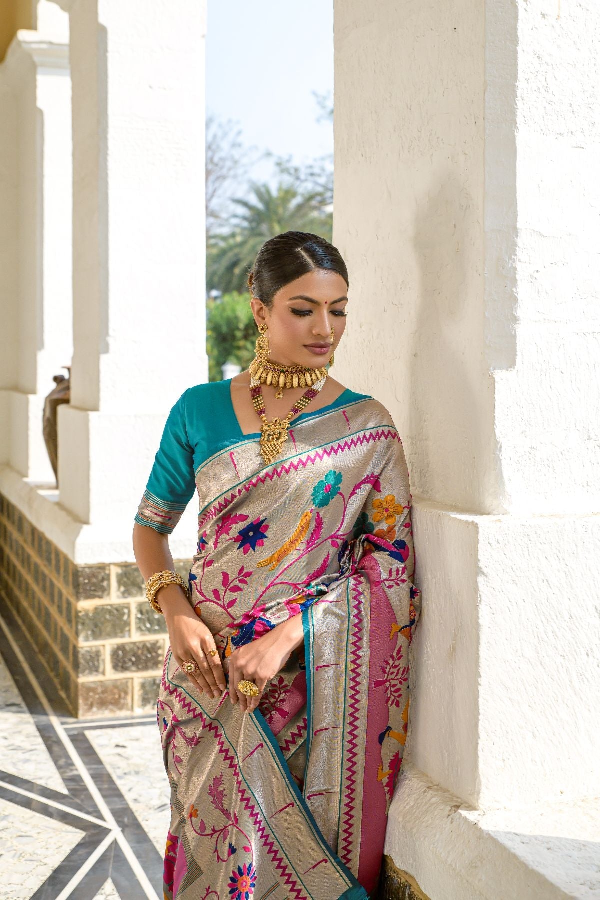 Buy MySilkLove Envy Blue and Pink Woven Paithani Silk Saree Online