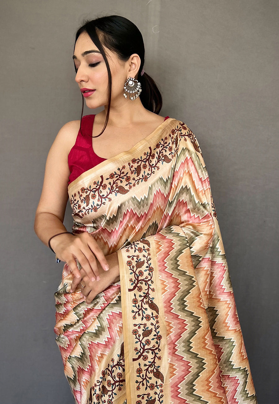 MySilkLove Cashmere Peach Multicolor Ikat Printed Saree