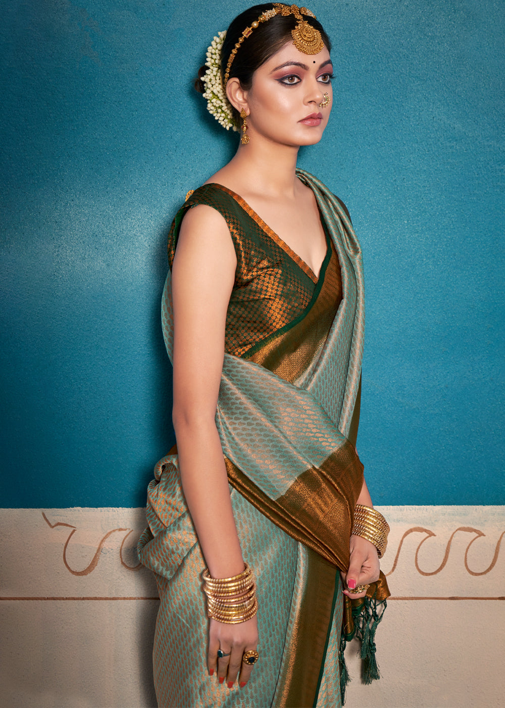 Buy MySilkLove Bitter Green Woven Kanjivaram Silk Saree Online