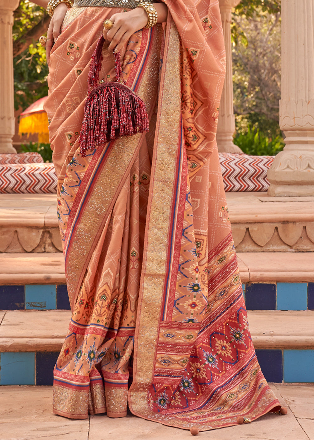 Buy MySilkLove Tacao Peach Printed Patola Silk Saree Online