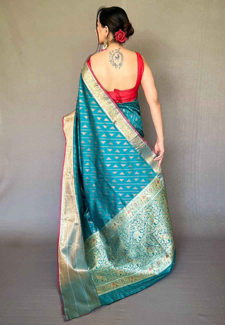 Buy MySilkLove Keppel Blue Banarasi Silk Leheriya Copper Zari Woven Saree Online