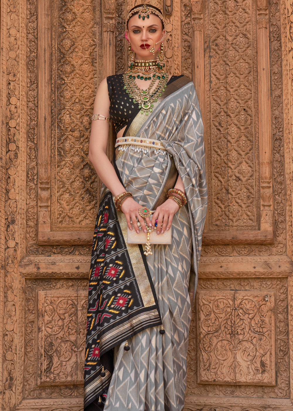 Buy MySilkLove Cloudy Grey and Black Woven Patola Silk Saree Online