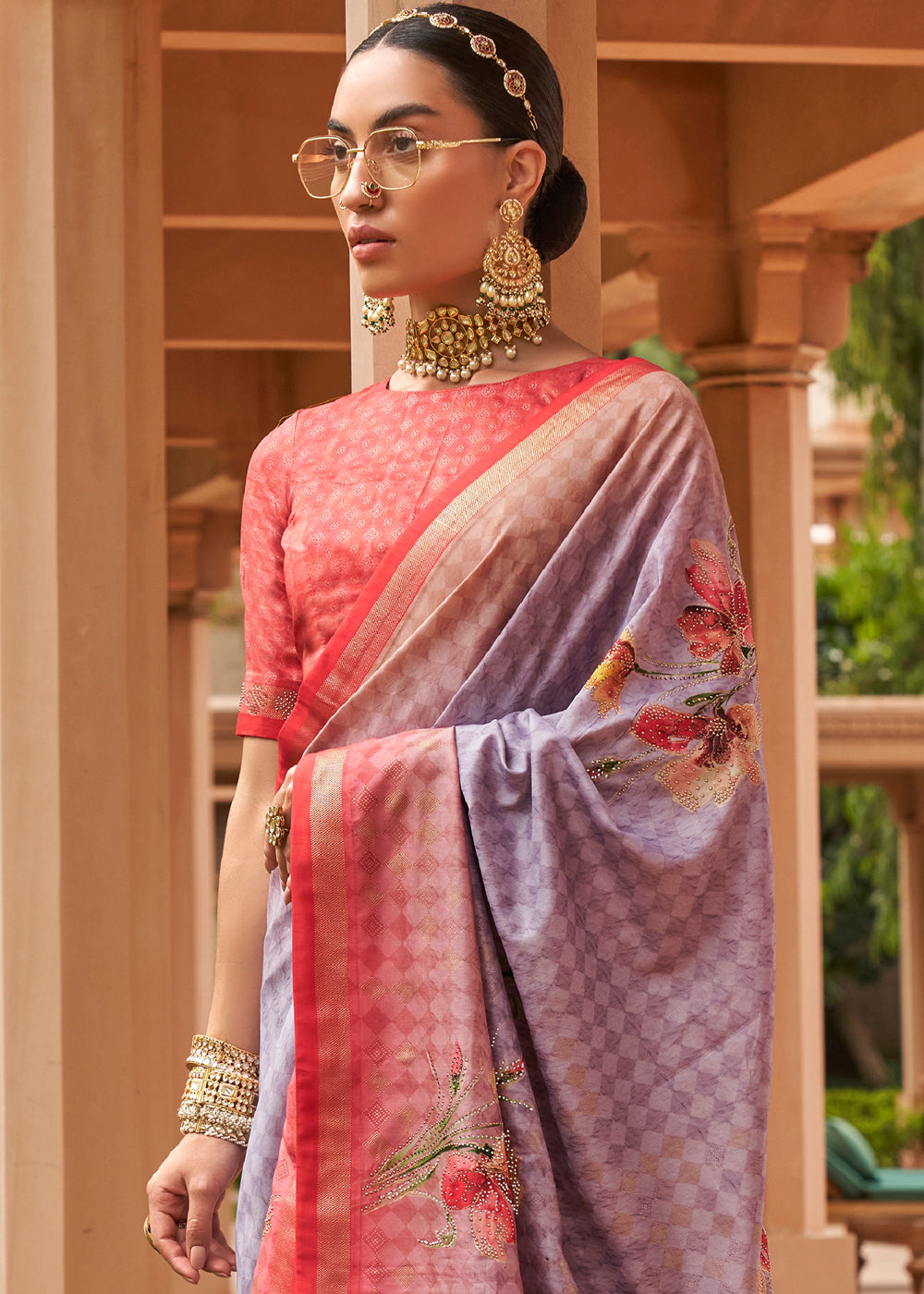 Buy MySilkLove Melanie Pink And Purple Printed Patola Soft Silk Saree Online