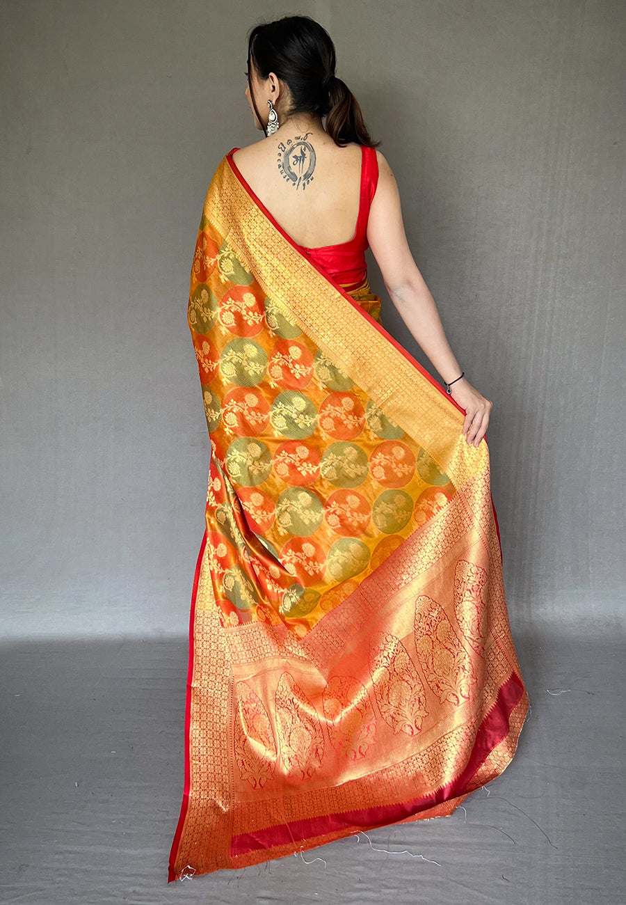 Buy MySilkLove Tan Orange Organza Multicolor Contrast Zari Woven Saree Online
